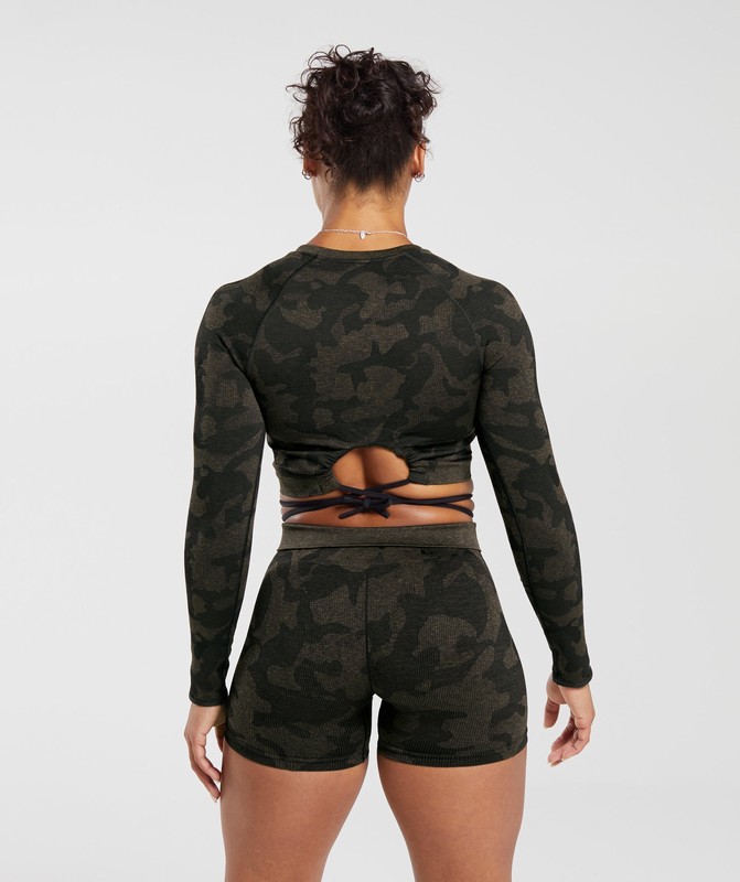 Gymshark Adapt Camo Seamless Ribbed Long Sleeve Crop Top Crop Top Dames Zwart Camo Bruin | TYQA34581