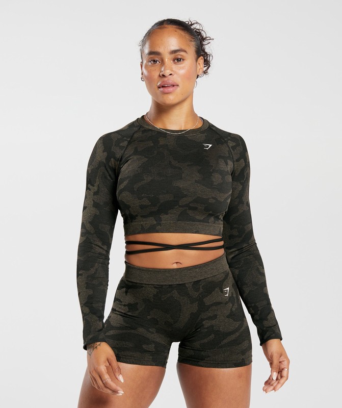 Gymshark Adapt Camo Seamless Ribbed Long Sleeve Crop Top Crop Top Dames Zwart Camo Bruin | TYQA34581