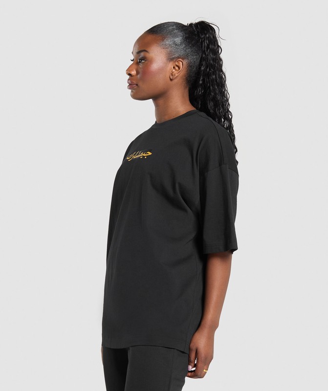 Gymshark Block Overlay OS Baggy Tee GFX T-Shirt Dames Zwart | MEVU32075