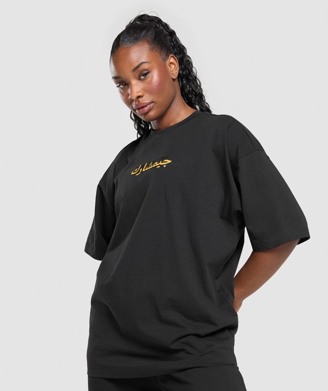 Gymshark Block Overlay OS Baggy Tee GFX T-Shirt Dames Zwart | MEVU32075