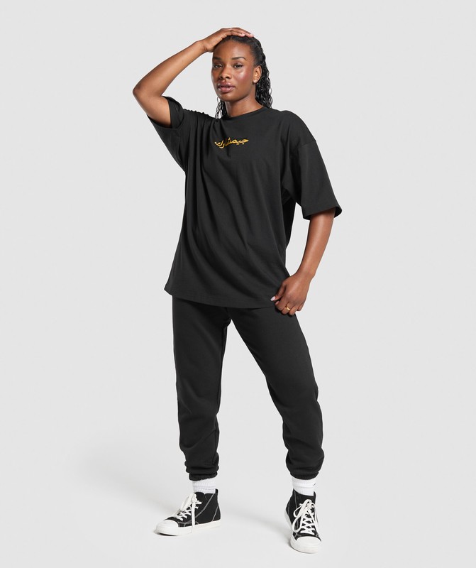 Gymshark Block Overlay OS Baggy Tee GFX T-Shirt Dames Zwart | MEVU32075