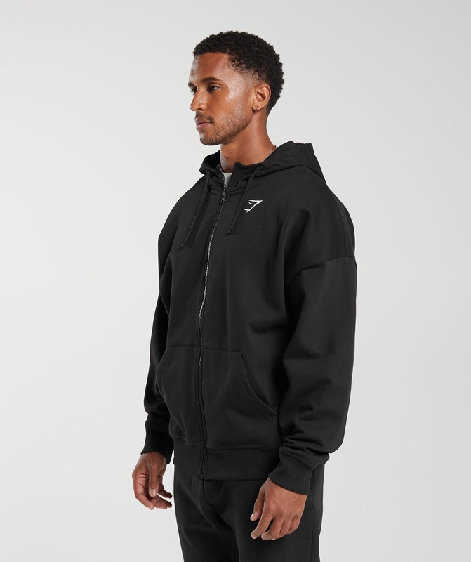 Gymshark Crest Oversized Zip Up Hoodie Hoodie Heren Zwart | XKVR73940