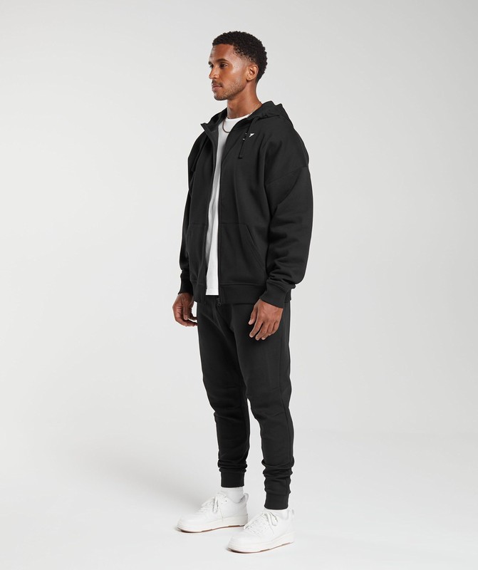 Gymshark Crest Oversized Zip Up Hoodie Hoodie Heren Zwart | XKVR73940