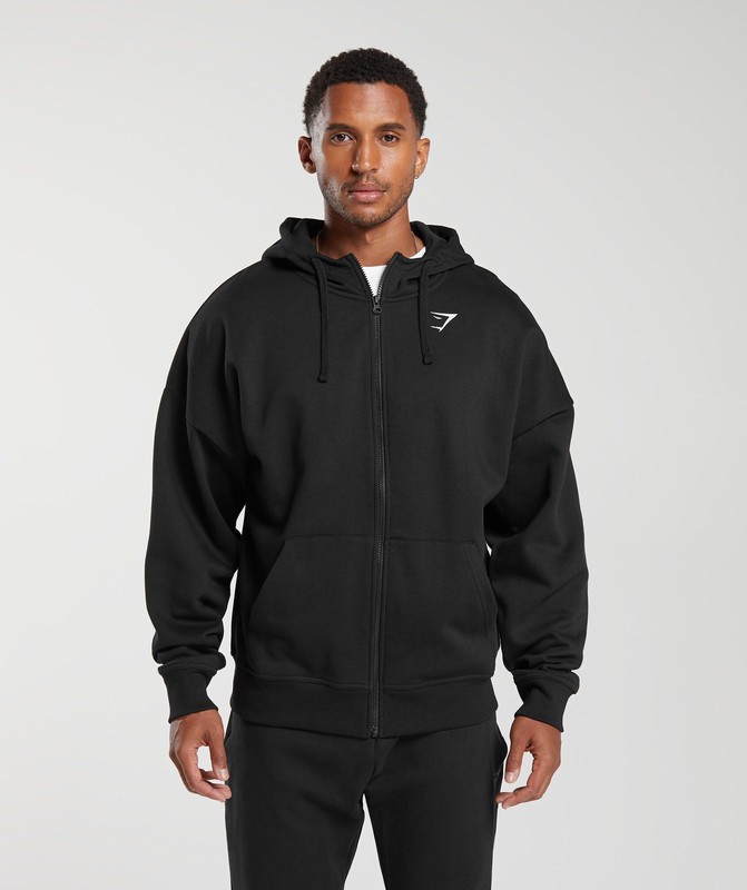 Gymshark Crest Oversized Zip Up Hoodie Hoodie Heren Zwart | XKVR73940
