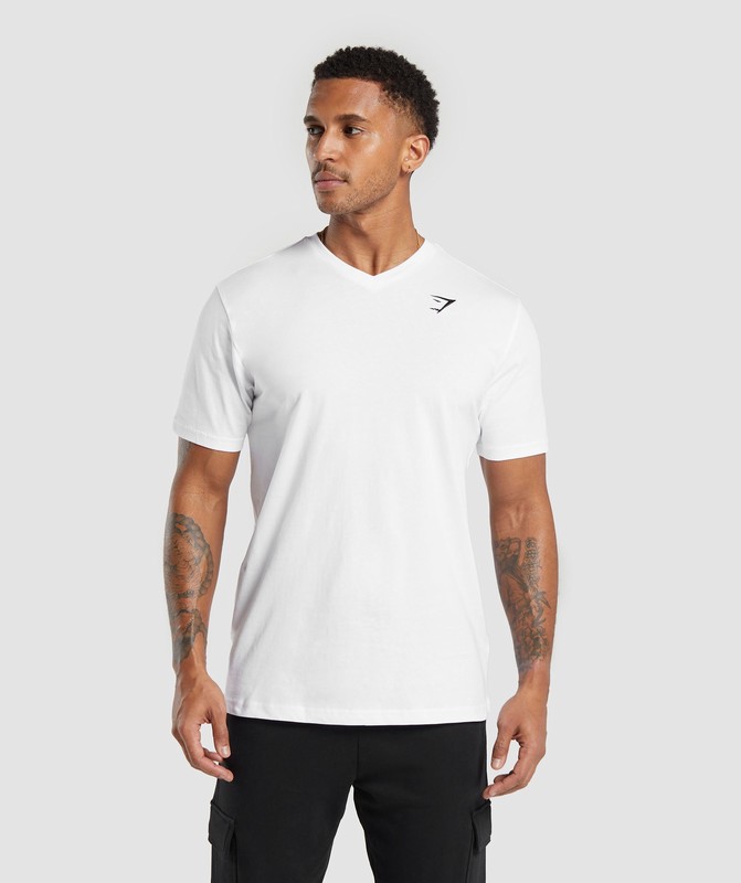 Gymshark Crest V-Neck T Shirt T-Shirt Heren Wit | XGBW93758