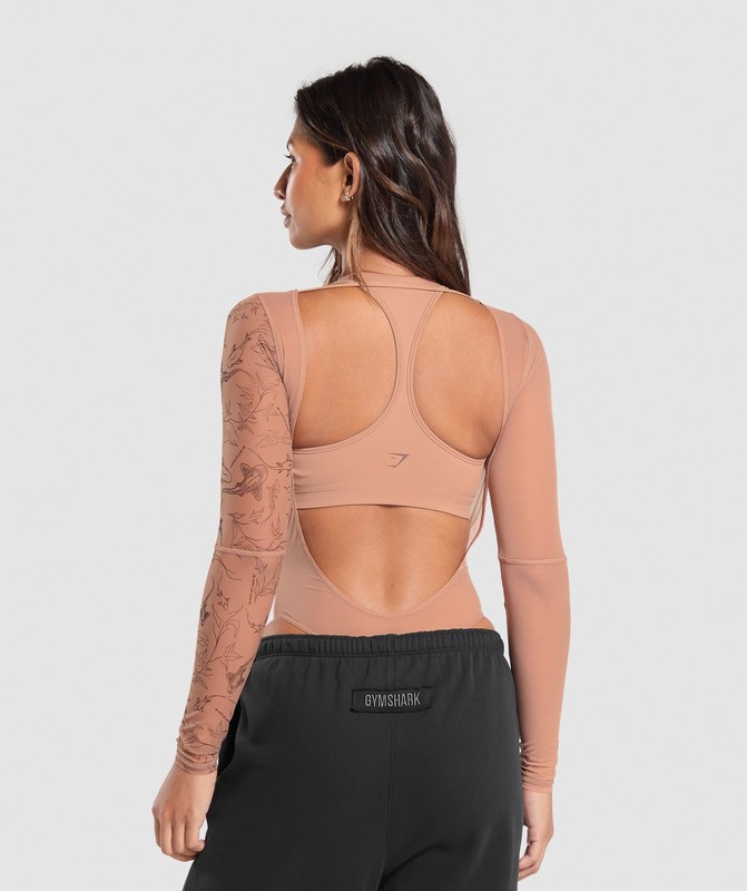 Gymshark Elevate Tattoo Graphic Mesh Bodysuit Bodysuit Dames Bruin | HVWX89430