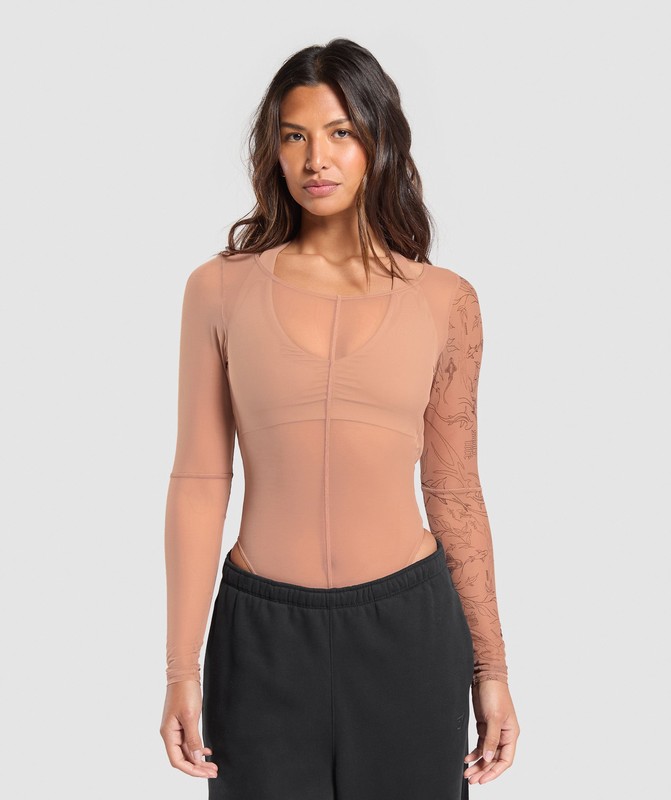 Gymshark Elevate Tattoo Graphic Mesh Bodysuit Bodysuit Dames Bruin | HVWX89430