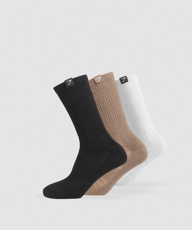 Gymshark GS x LD 3PK Socks Sokken Dames Wit Bruin Zwart | KXIT40632
