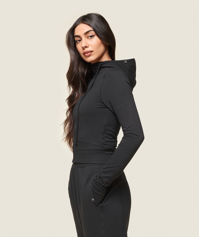 Gymshark GS x Leana Deeb Hooded Midi Top Top Dames Zwart | XHAJ84793
