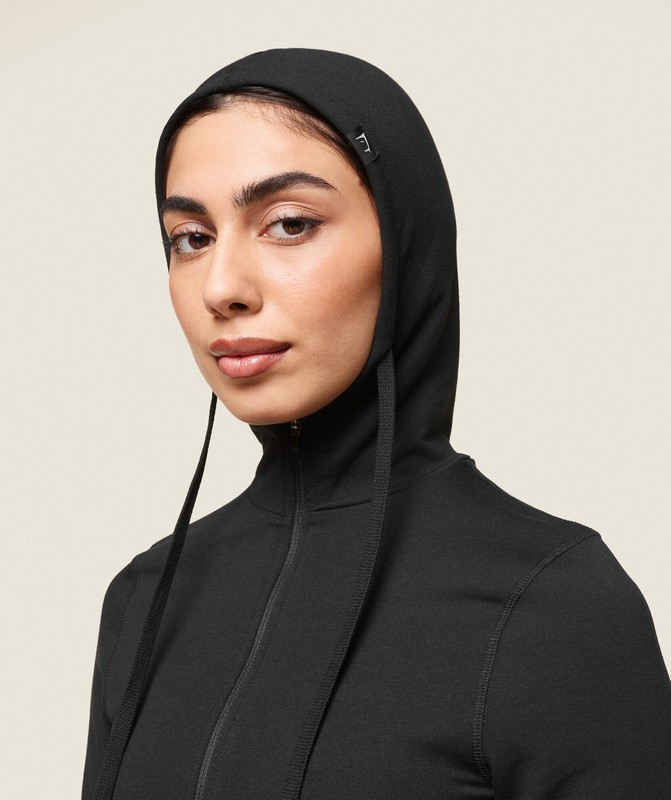Gymshark GS x Leana Deeb Hooded Midi Top Top Dames Zwart | XHAJ84793