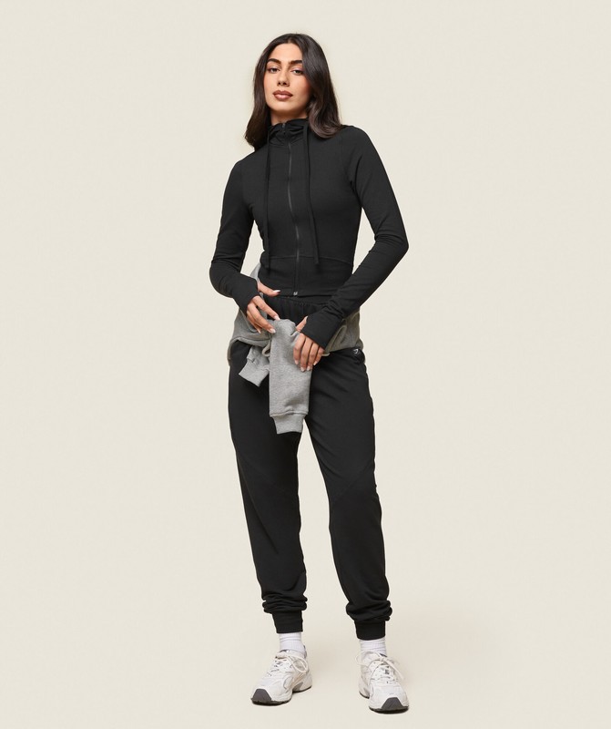 Gymshark GS x Leana Deeb Hooded Midi Top Top Dames Zwart | XHAJ84793