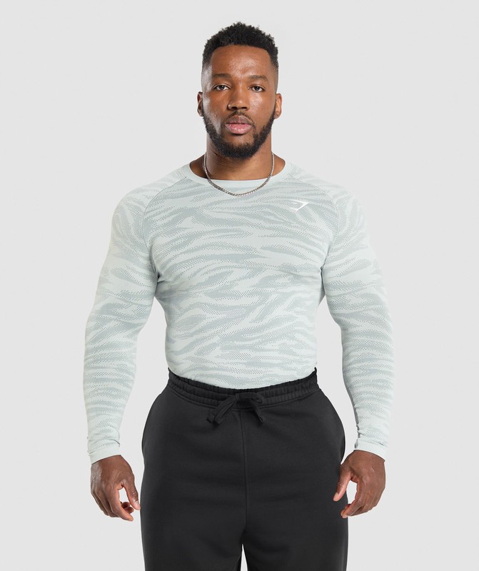 Gymshark Geo Animal Seamless Long Sleeve T-Shirt T-Shirt Heren Blauw Blauw | NWAV05249