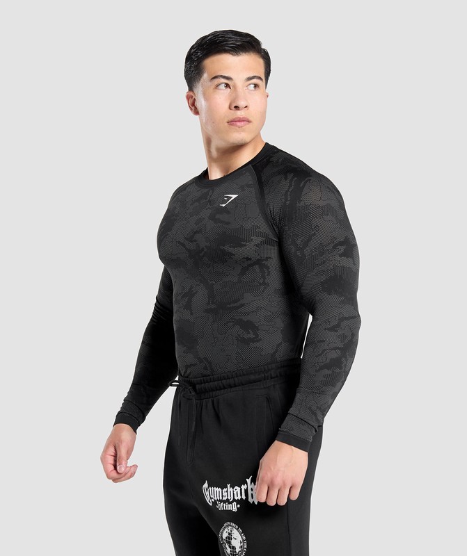 Gymshark Geo Seamless Long Sleeve T-Shirt T-Shirt Heren Zwart Grijs | EXWT74126