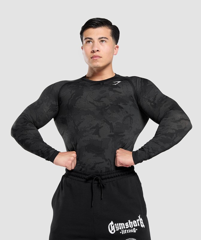 Gymshark Geo Seamless Long Sleeve T-Shirt T-Shirt Heren Zwart Grijs | EXWT74126