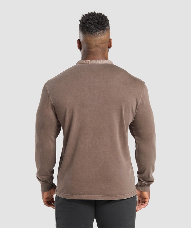 Gymshark Heavyweight Woven Collar Henley Sweatshirts Heren Bruin | JLMA76908