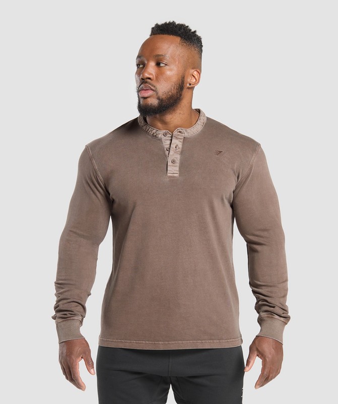 Gymshark Heavyweight Woven Collar Henley Sweatshirts Heren Bruin | JLMA76908