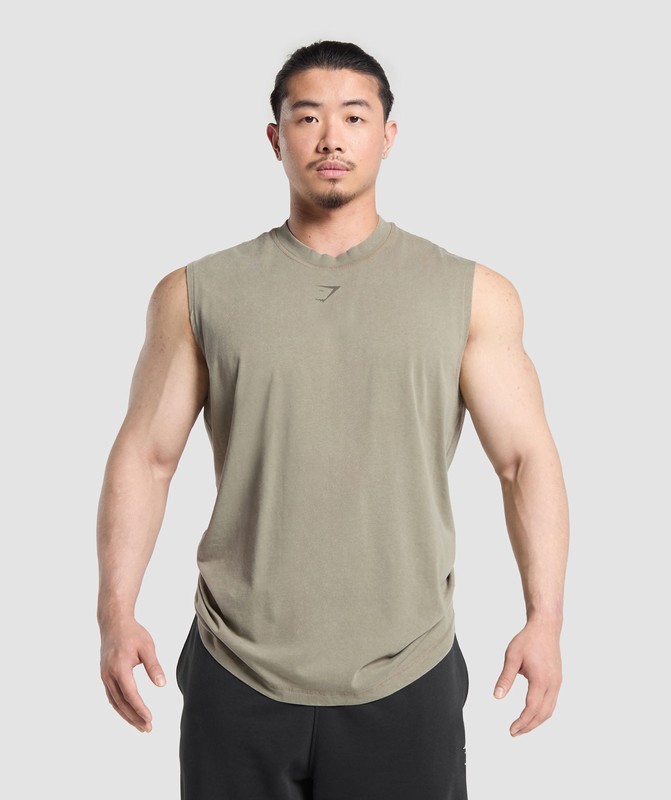 Gymshark Heritage Washed Cut Off Tank Tanktop Heren Groen | IPWA41683