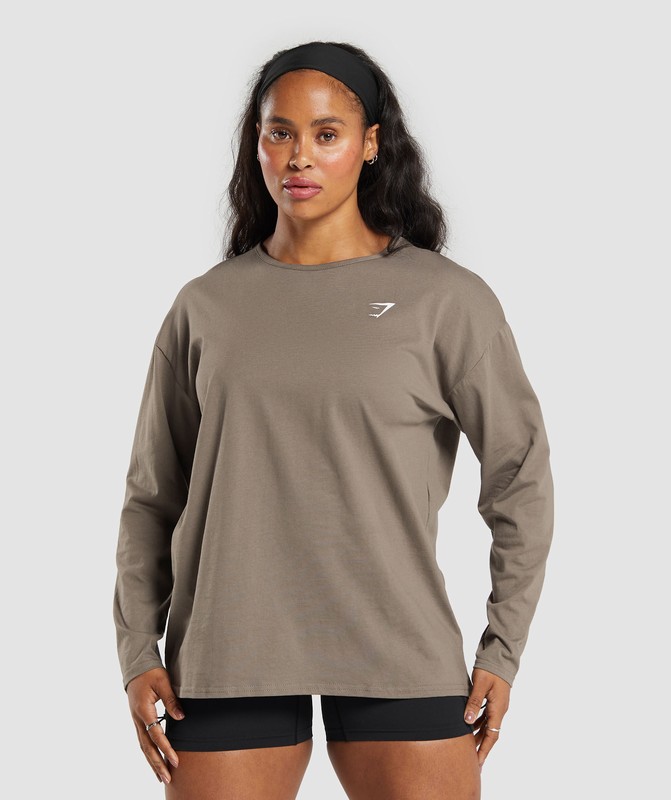 Gymshark Lifting Oversized Cotton Long Sleeve Top Top Dames Camo Bruin | TABL20631