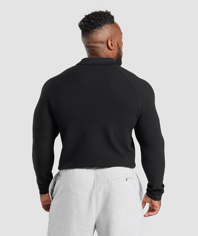 Gymshark Long Sleeve Waffle Polo Shirt Poloshirt Heren Zwart | PBLF47610