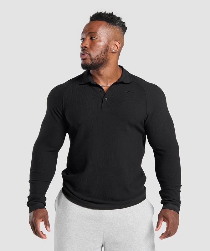 Gymshark Long Sleeve Waffle Polo Shirt Poloshirt Heren Zwart | PBLF47610