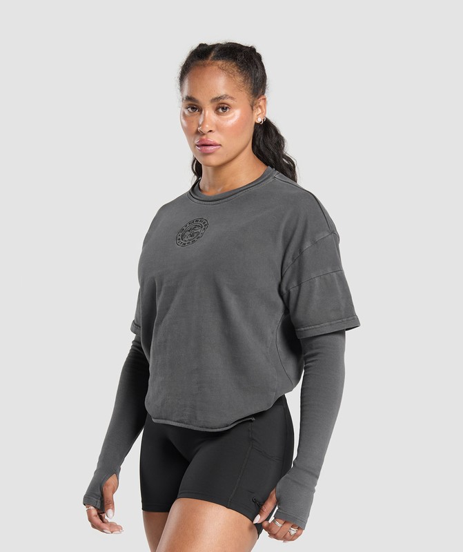 Gymshark Premium Legacy Washed 2-in-1 Long Sleeve T-Shirt Dames Zwart | VATQ39470