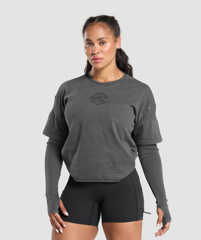 Gymshark Premium Legacy Washed 2-in-1 Long Sleeve T-Shirt Dames Zwart | VATQ39470