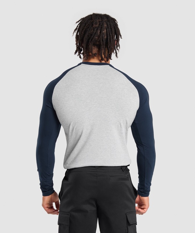 Gymshark Raglan Long Sleeve T-Shirt T-Shirt Heren Lichtgrijs Donkerblauw | BEJG49168