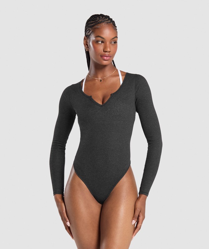 Gymshark Ribbed Cotton Long Sleeve Bodysuit Bodysuit Dames Zwart | WEFP59028