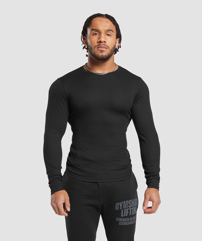 Gymshark Ribbed Long Sleeve T-Shirt T-Shirt Heren Zwart | HTAZ65397
