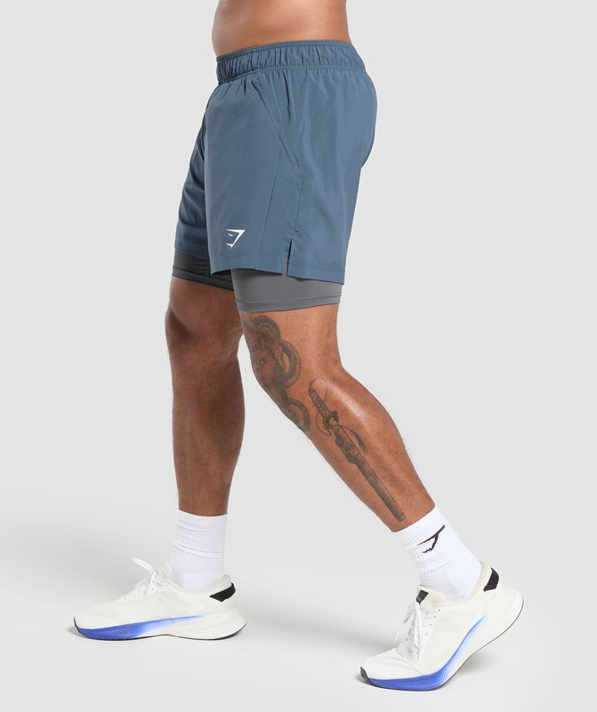 Gymshark Sport 5" 2 in 1 Shorts Korte Broek Heren Blauw Donkergrijs | WZJI90154