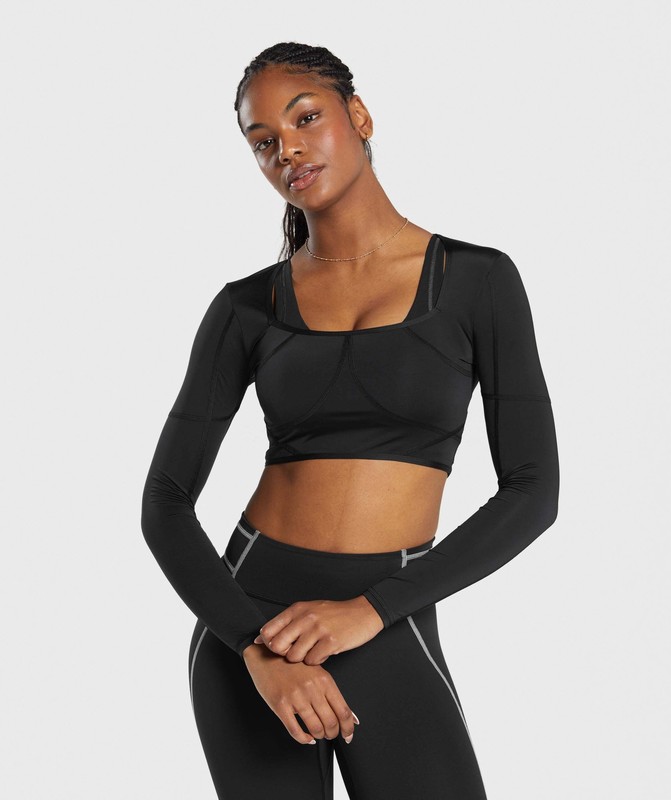 Gymshark Stitch Feature Long Sleeve Crop Top Crop Top Dames Zwart Zwart | FRQK06823
