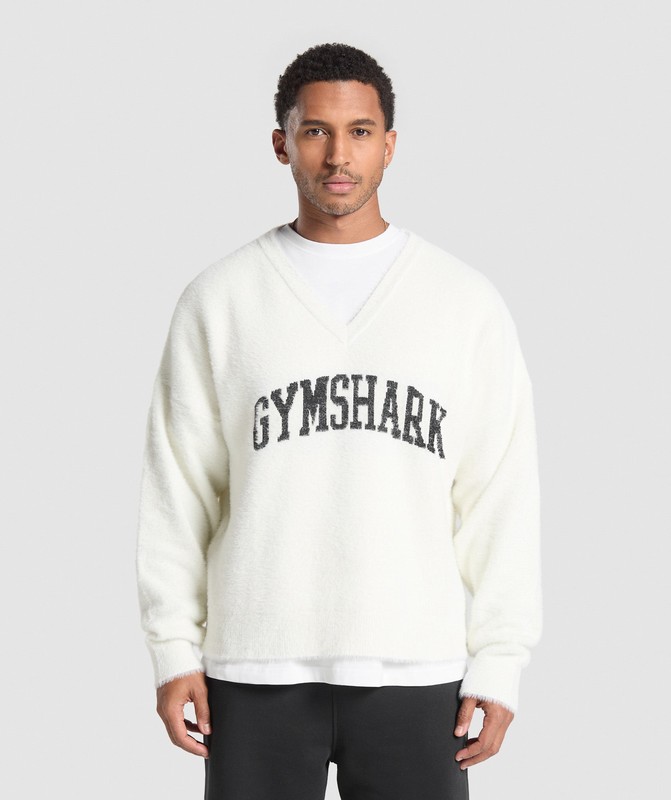 Gymshark V-Neck Knitted Jumper Pullover Heren Wit | GQSF04387