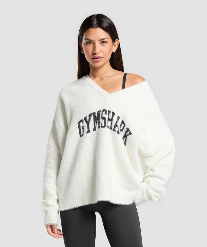 Gymshark V-Neck Knitted Jumper Pullover Heren Wit | GQSF04387