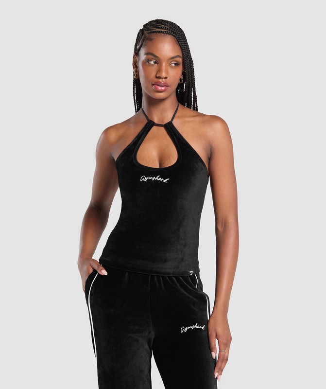 Gymshark Velour Tank Tanktop Dames Zwart | SXWQ83751