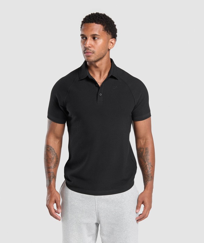 Gymshark Waffle Polo Shirt Poloshirt Heren Zwart | MVYB67980