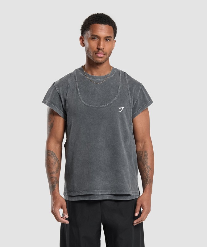 Gymshark Washed Double Layer T-Shirt T-Shirt Heren Zwart | QWJG78219